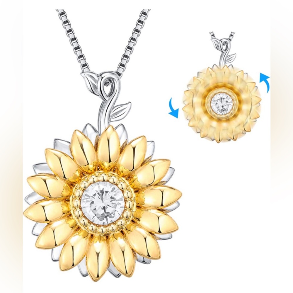 Rotatable Sunshine Sunflower Pendant Necklace, S925 Sterling Silver NWOT